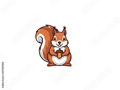 Cute cartoon squirrel holding a nut, ready for winter, happy and smiling.