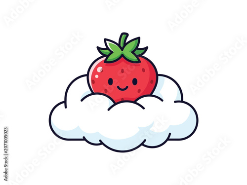 Cute cartoon strawberry resting on a fluffy white cloud, smiling happily.