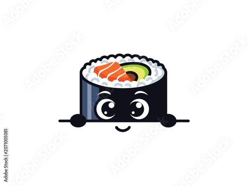 Cute sushi roll character with happy face and adorable eyes, holding.