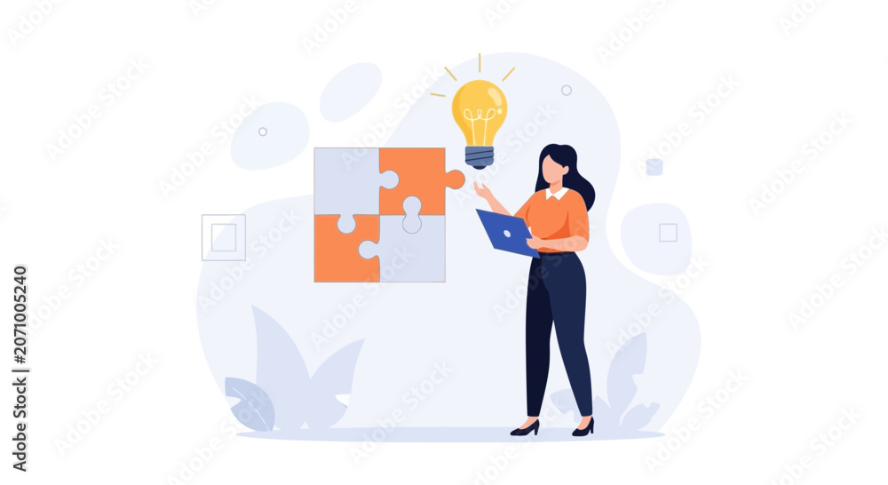 Obraz premium Woman with laptop solving jigsaw puzzle and getting a bright idea represented by a lightbulb, symbolizing creativity and problem-solving.