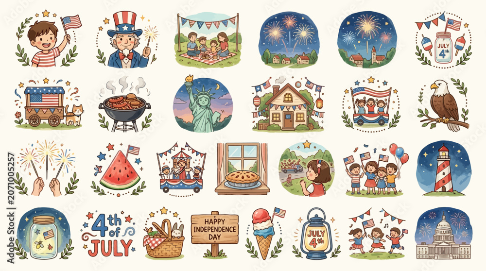 Fototapeta premium Cute Independence Day and 4th of July Celebration Sticker Set with American Symbols and Festive Food Illustrations