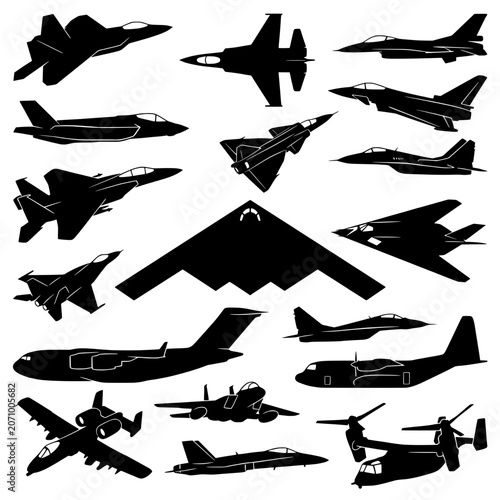 Military Jet Fighters Bombers and Cargo Airplanes Vector Silhouettes Set Isolated on Transparent Background