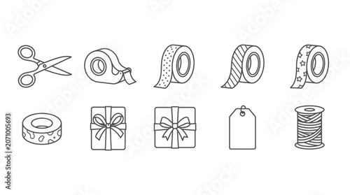Gift wrapping and packaging linear icon set