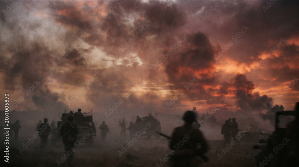 Fototapeta premium WWII Battlefield Scene: Soldiers in combat gear march through a smoke-filled battlefield at sunset, with explosions and dramatic sky contributing to the intense atmosphere of war.