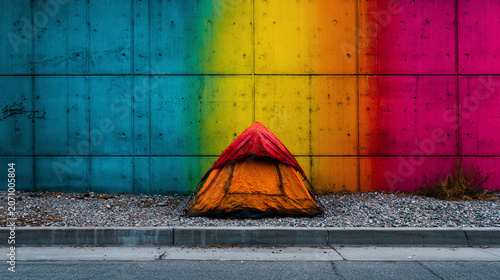 Artistic Urban Contrast: Colorful Street Mural and Homeless Tent in the City