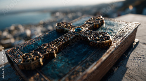 Christian Faith and Peace: Holy Bible with Embedded Cross Against Scenic River and Cityscape