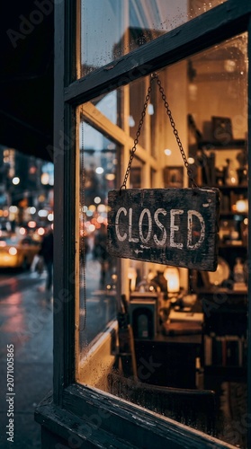 Close up of wooden closed sign hanging on store window at night in rainy urban city