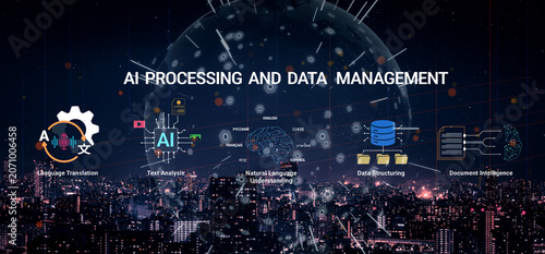Obraz na płótnie AI Processing and Data Management with Language Translation, Text Analysis, Document Intelligence and Data Structuring in Urban Landscape Haptic