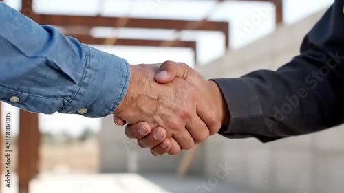 Two professional businessmen shaking hands to seal a deal at a modern building construction site