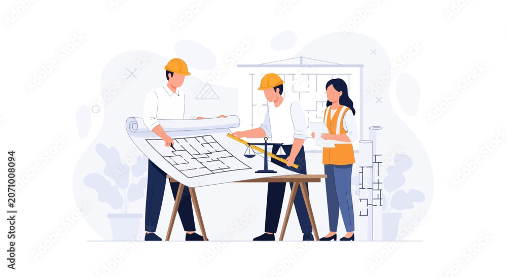 Fototapeta premium Architects and Engineers Collaborating on Blueprints, Discussing Construction Project Details