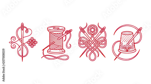 Photos Ornamental sewing icons with needle thread spool and thimble