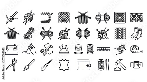 Quadro su tela Knitting sewing and leatherwork craft line icon set