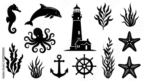 Tableau sur toile Nautical and marine life silhouettes with lighthouse and sea animals