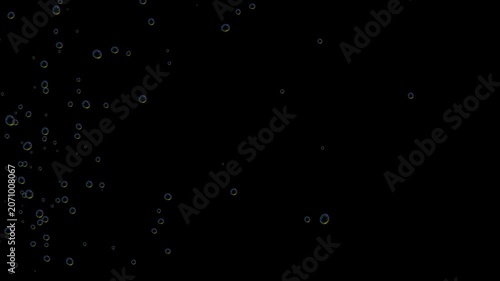Front view of bubbles rising on black background, closeup different soap bubbles, motion many water bubbles floating and falling out of screen, underwater bubbles motion graphics, seamless animation,