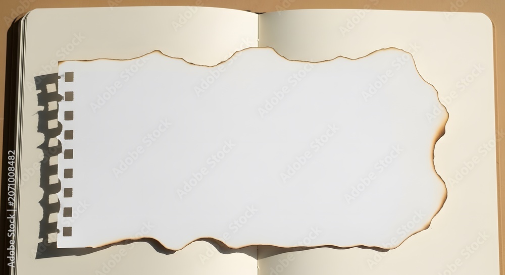 Fototapeta premium Piece of ripped and burnt white paper with perforated edge placed on open notebook, bright lighting creates shadows.