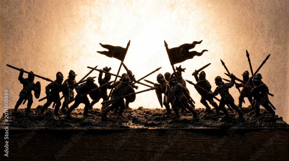 Fototapeta premium A Medieval Battle Diorama: Silhouetted against a warm, luminous background, a meticulously crafted diorama depicts a fierce medieval battle scene with armored knights clashing with swords and spears.