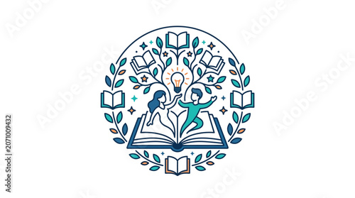 Education Concept Icon with Students and Books Tree