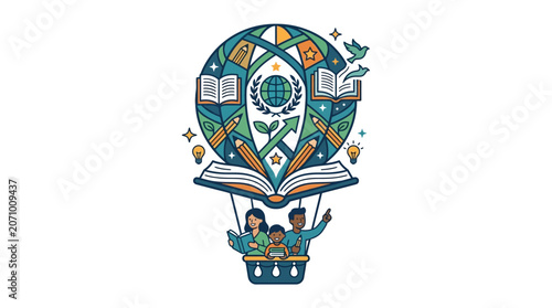 Education Concept Illustration with People in Hot Air Balloon