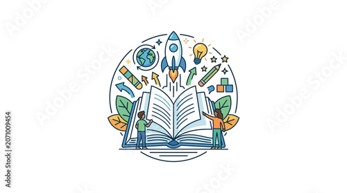 Education Concept with Open Book and Rocket Launch