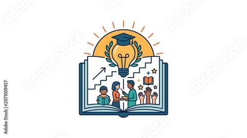 Education Concept with Open Book Lightbulb and Diverse Students