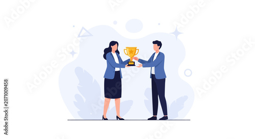Businesspeople Receiving a Golden Trophy, Symbolizing Achievement and Success