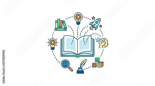 Educational Concept Illustration with Open Book and Icons