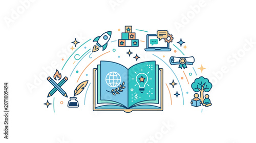Educational Concept Illustration with Open Book and Learning Icons