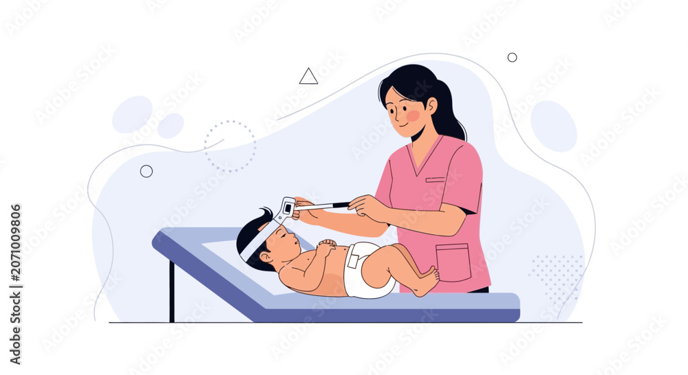 Obraz premium Pediatrician examining baby with otoscope on examination table, vector illustration of healthcare and medical checkup.