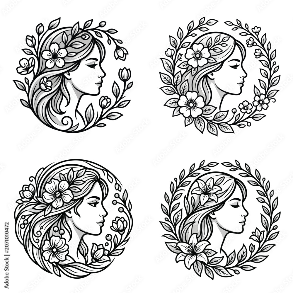 Obraz premium Woman Face Floral Wreath Profile.