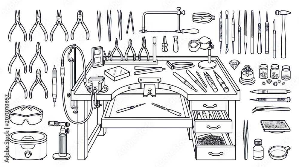 Fototapeta premium Professional jewelry making workbench and goldsmith tool set