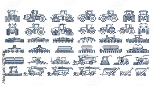 Schilderij op canvas Collection of agricultural machinery and farming equipment line icons