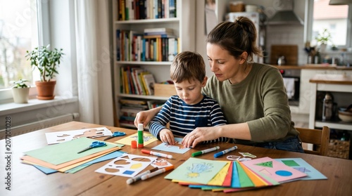 Mother and son doing arts and crafts at home