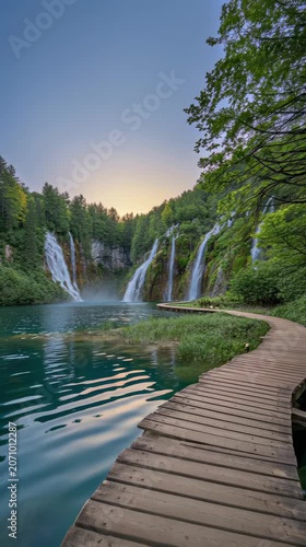 Beautiful waterfalls in Plitvice Lakes National Park with a curved wooden boardwalk pathway over crystal clear turquoise water at sunset, Croatia