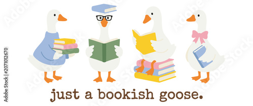 Foto Just a bookish goose cute waterfowl characters wearing sweaters and reading colorful books