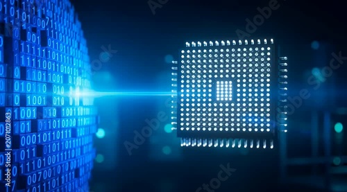 Futuristic digital microprocessor chip processing binary code data stream glowing blue sphere abstract network connection tech