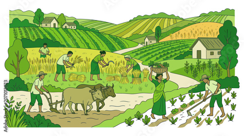 Farmers working in rural agricultural landscape with oxen and crops