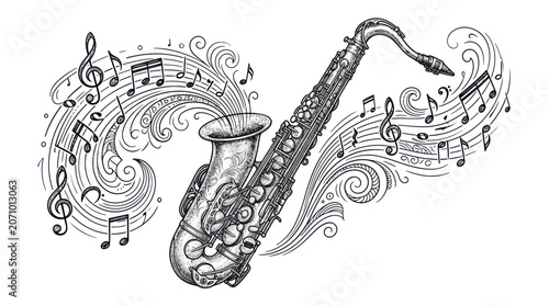 Vintage saxophone with flowing musical notes and swirling ornaments