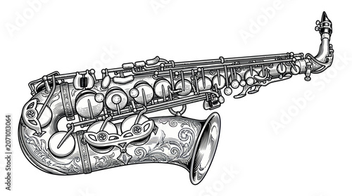Cuadro en lienzo Classic saxophone musical instrument with detailed floral engraving