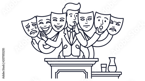 Foto Business man at podium holding many theater masks symbolizing deceit and fake personality