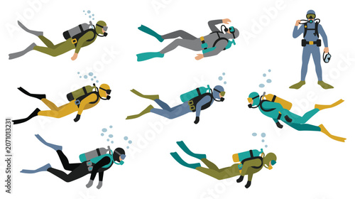 Tableau sur toile Set of scuba divers swimming underwater in various poses with gear and oxygen tank icons