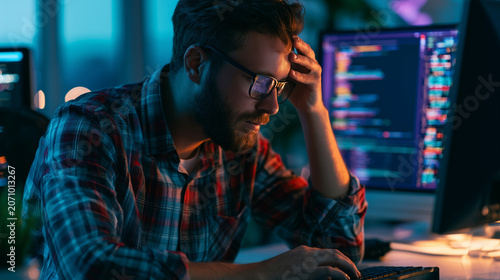 Backend engineer debugging server application on a single monitor , one man working in the office, stressed work, code, typing code, one monitor with code, day code, photo style