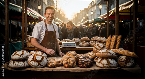 Smiling baker holding fresh bread at outdoor market stall 