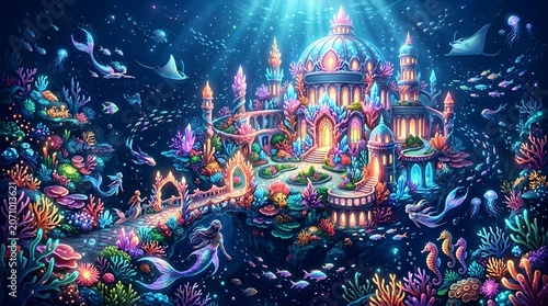 Enchanting Underwater Kingdom Palace with Mermaids and Coral Reefs.