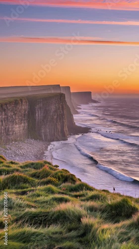 Spectacular coastal cliff landscape at sunset with powerful ocean waves crashing below and green grass in the foreground