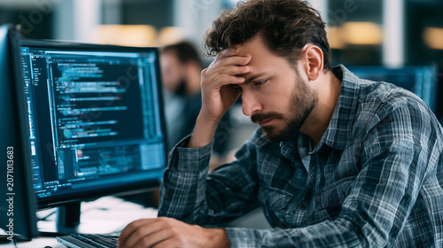 IT specialist fixing critical software bug in corporate office , one man working in the office, stressed work, code, typing code, one monitor with code, day code, photo style