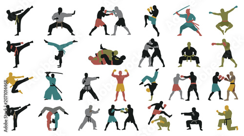 Bild auf Leinwand Martial arts silhouettes vector set isolated on white background various fighting poses