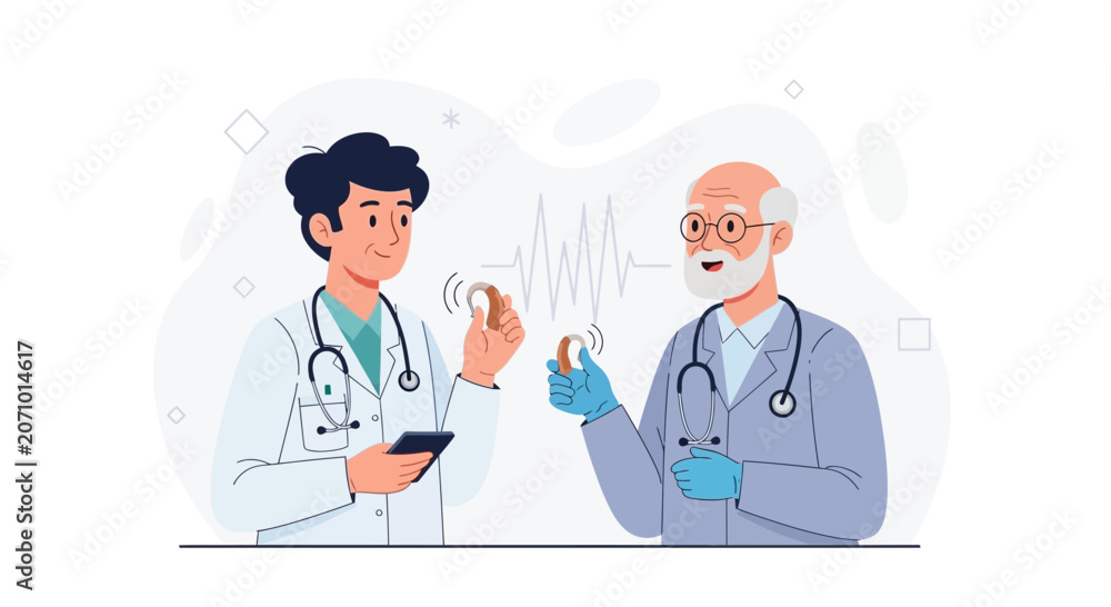 Fototapeta premium Two Doctors Discussing Hearing Aids and Audiology, Featuring Sound Waves and Medical Technology