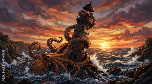 Giant Kraken Attacks Lighthouse at Sunset.