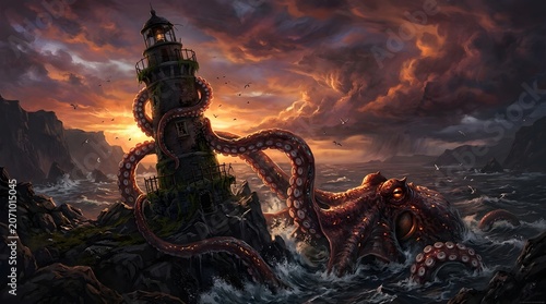 Giant Kraken Attacks Lighthouse During Stormy Sunset.