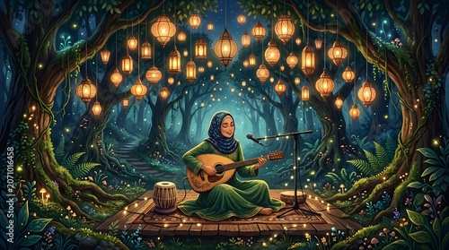 Enchanting Forest Serenade - Woman Playing Lute Under Lanterns.